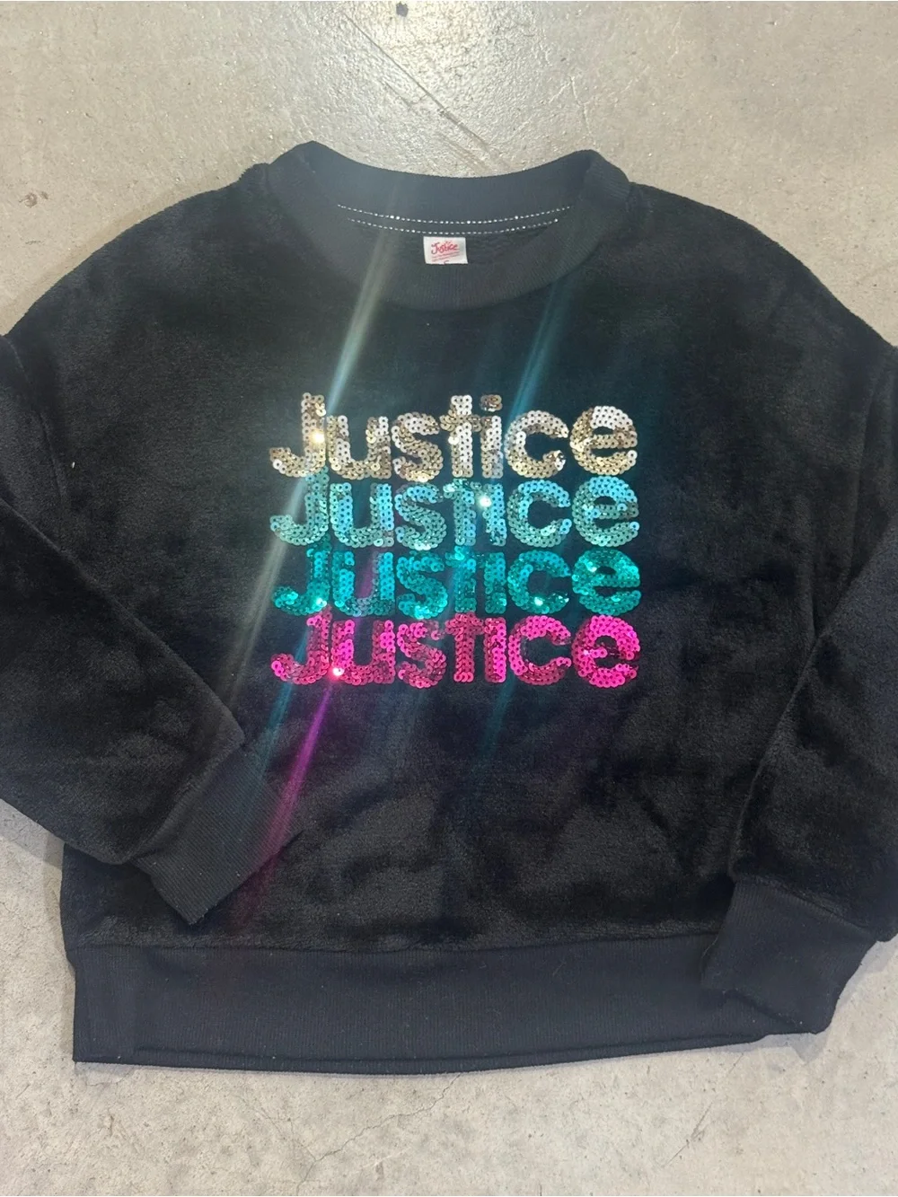 Justice Black Kids Sequin Logo Sweatshirt with Gold, Blue, Teal & Pink Sequins